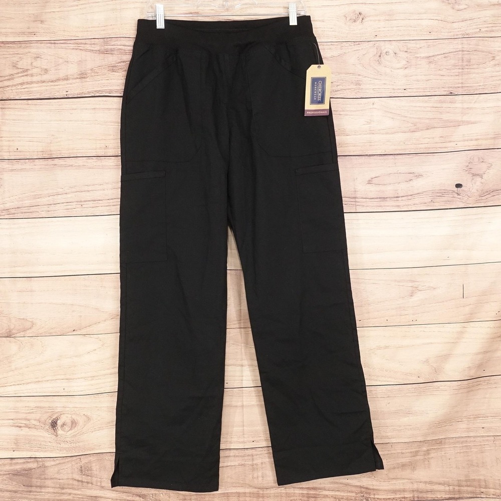 Cherokee Workwear Scrub Pants Womens M Black Cargo Elastic Waist WW170 Scrubs